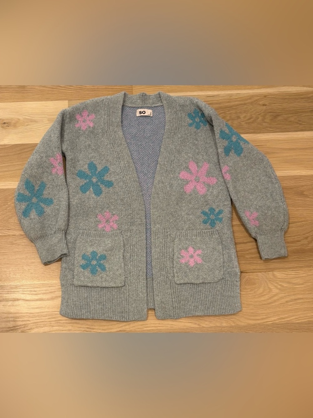 SO Girls Floral Knit Cardigan Size 8 Gray Pink Teal Flowers